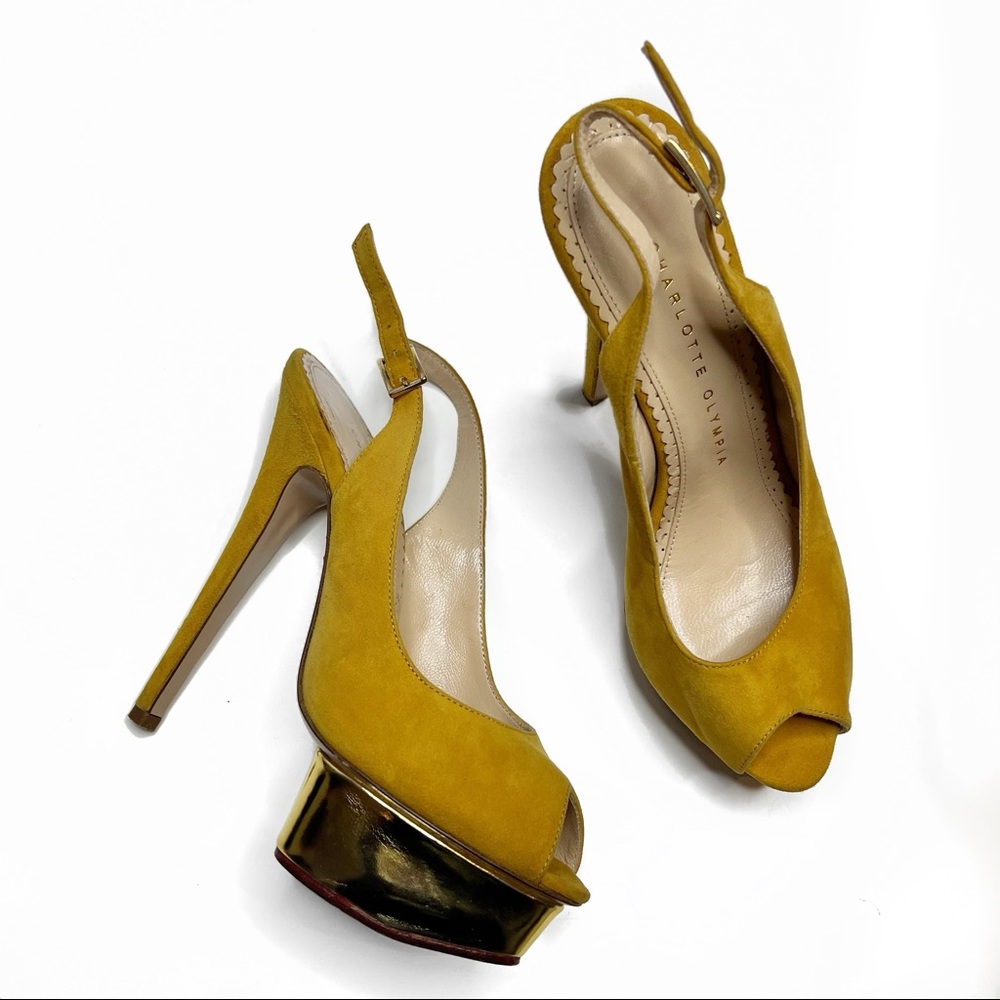 CHARLOTTE OLYMPIA Yellow Gold Slingback Platform Heel Size US 5